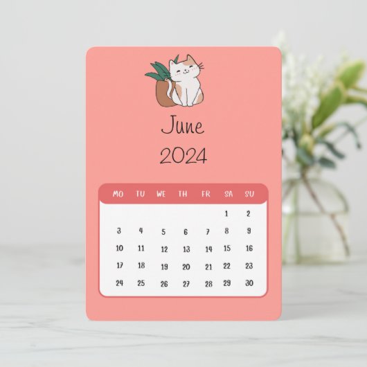 Juni 2024 Stand Alone Cat and Pflanze Kalender Menükarte (Stehend Vorderseite)