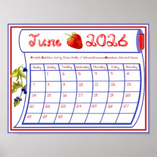 Juni 2026 Erdbeere Blaubeere Stoff Schriftrolle Poster
