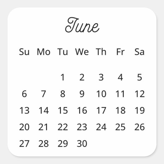 Juni 2027 Flex Start Kalender Quadratischer Aufkleber (Vorderseite)