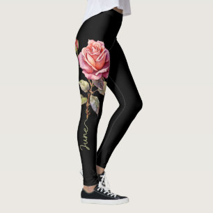 Juni Blume, Rosa Rose und Rosa Rose auf Schwarz Leggings