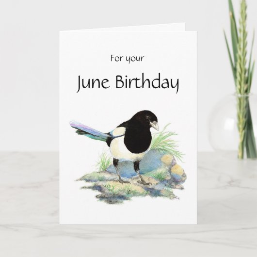 Juni-Geburtstag, Elster - Aquarell-Vogel Karte (Vorderseite)
