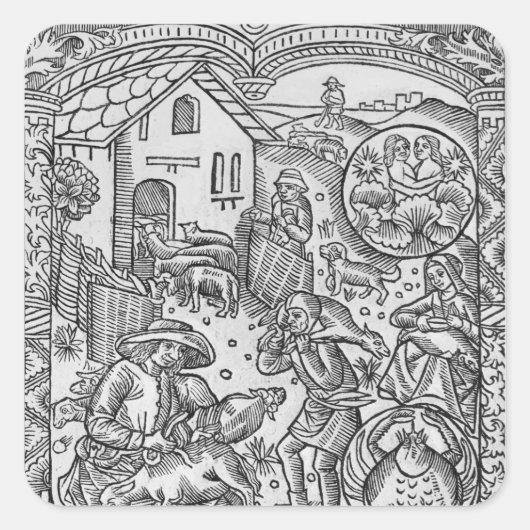 Juni, Schafscheren, Gemini Quadratischer Aufkleber (Vorderseite)