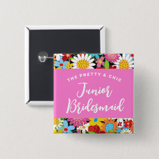 JUNIOR BRIDESMAID Spring Flowers Wedname Tag Button