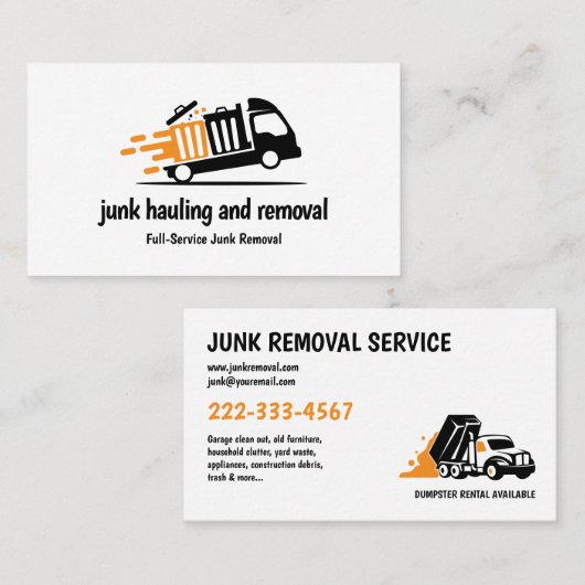 JUNK HAULING TRASH REMOVAL ORANGE BLACK VISITENKARTE (Vorne/Hinten)