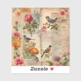 Junk Journal Seite mit Blumen + Vögel - Aufkleber