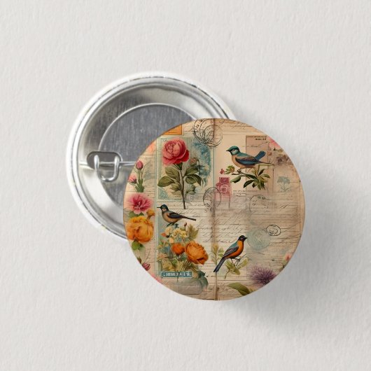 Junk Journal Seite mit Blumen + Vögel - Button (Vorne & Hinten)