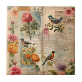 Junk Journal Seite mit Blumen + Vögel - Fliese