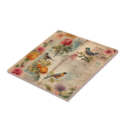 Junk Journal Seite mit Blumen + Vögel - Fliese (Seite)