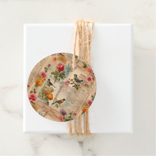 Junk Journal Seite mit Blumen + Vögel - Geschenkanhänger (Beispiel)