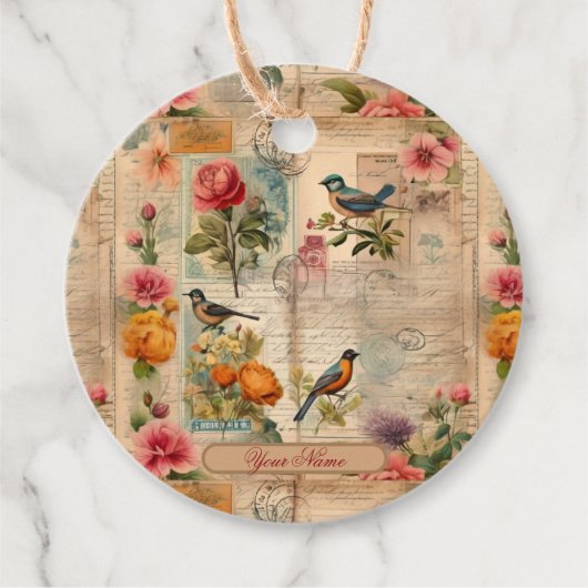 Junk Journal Seite mit Blumen + Vögel -  Geschenkanhänger (Vorderseite)