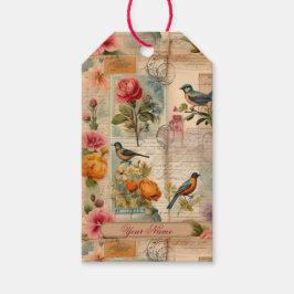 Junk Journal Seite mit Blumen + Vögel - Geschenkanhänger