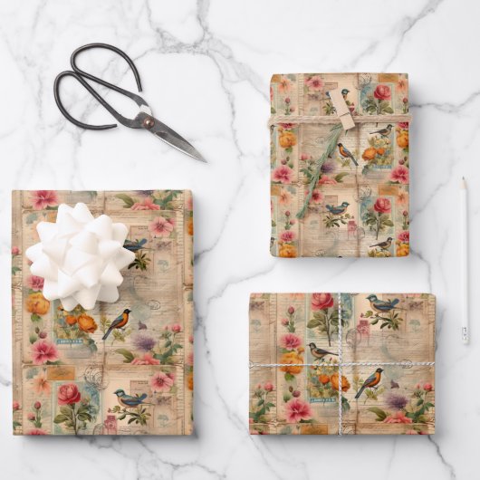 Junk Journal Seite mit Blumen + Vögel - Geschenkpapier Set (Vorderseite)