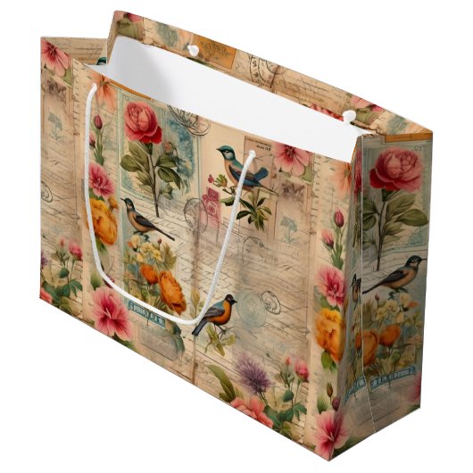 Junk Journal Seite mit Blumen + Vögel - Große Geschenktüte (Vorderseite Schrägansicht)