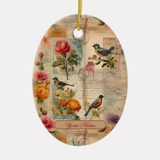 Junk Journal Seite mit Blumen + Vögel -  Keramik Ornament (Vorne)