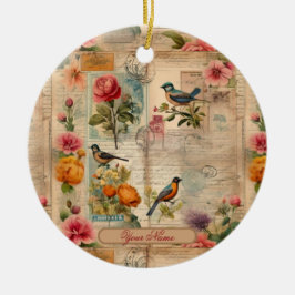 Junk Journal Seite mit Blumen + Vögel - Keramik Ornament