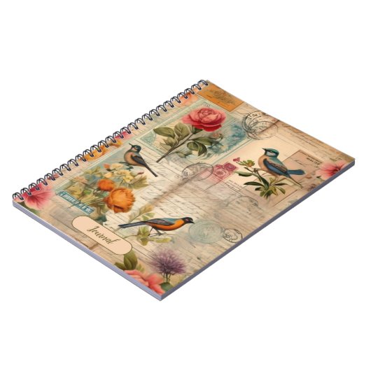 Junk Journal Seite mit Blumen + Vögel - Notizblock (Linke Seite)