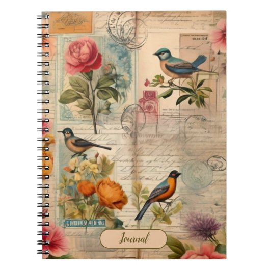 Junk Journal Seite mit Blumen + Vögel - Notizblock (Vorderseite)