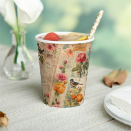 Junk Journal Seite mit Blumen + Vögel -  Pappbecher