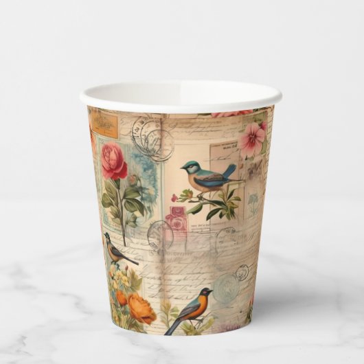 Junk Journal Seite mit Blumen + Vögel -  Pappbecher (Links)