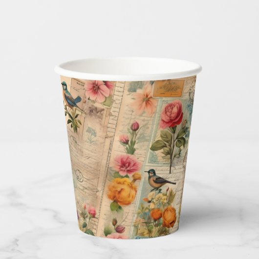 Junk Journal Seite mit Blumen + Vögel -  Pappbecher (Vorderseite)