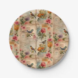 Junk Journal Seite mit Blumen + Vögel - Pappteller