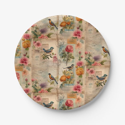 Junk Journal Seite mit Blumen + Vögel - Pappteller (Vorderseite)