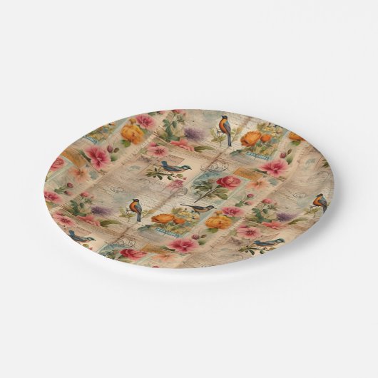 Junk Journal Seite mit Blumen + Vögel - Pappteller (Schrägansicht)