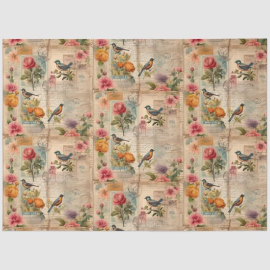 Junk Journal Seite mit Blumen + Vögel - Seidenpapier (Vorderseite)