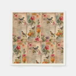 Junk Journal Seite mit Blumen + Vögel - Serviette