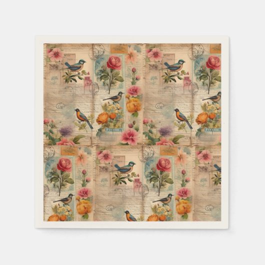 Junk Journal Seite mit Blumen + Vögel -  Serviette (Vorderseite)