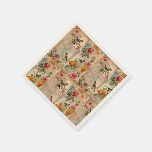 Junk Journal Seite mit Blumen + Vögel -  Serviette (Ecke)