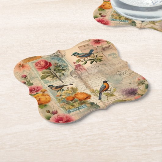 Junk Journal Seite mit Blumen + Vögel -  Untersetzer (angewinkelt)