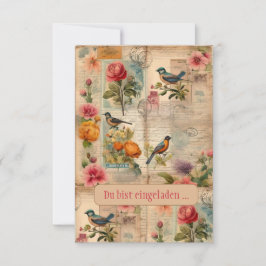 Junk Journal Seite mit Blumen + Vögeln - Einladung