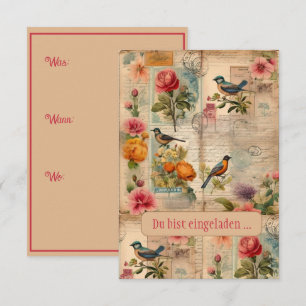 Junk Journal Seite mit Blumen + Vögeln - Einladung