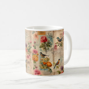 Junk Journal Seite mit Blumen + Vögeln -  Kaffeetasse