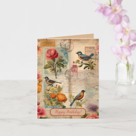 Junk Journal Seite mit Blumen + Vögeln - Karte