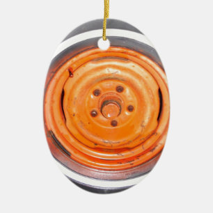 Junkyard Vintag Wheel, orange schwarz und weiß Keramik Ornament
