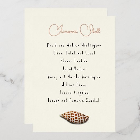 Junonia Seashell Guest List Table Cards Folieneinladung (Vorderseite/Rückseite)