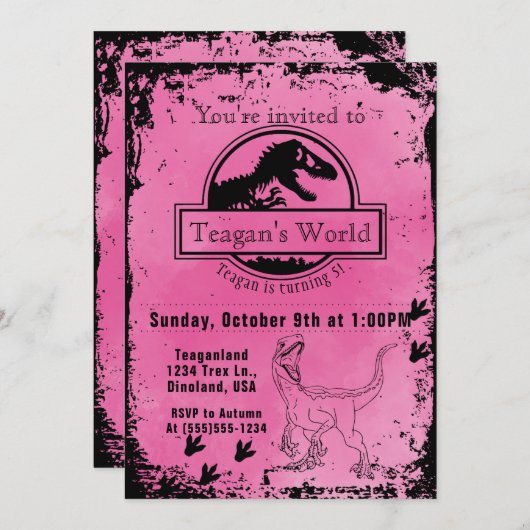 Jurassic Dino Pink Einladung (Vorne/Hinten)