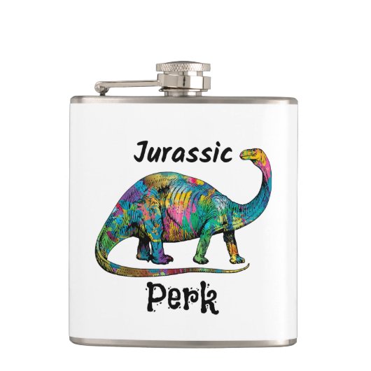 Jurassic Perk Farbiger Dinosaurier Weiß Flachmann (Vorderseite)