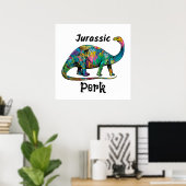 Jurassic Perk Farbiger Dinosaurier Weiß Poster (Heimbüro)