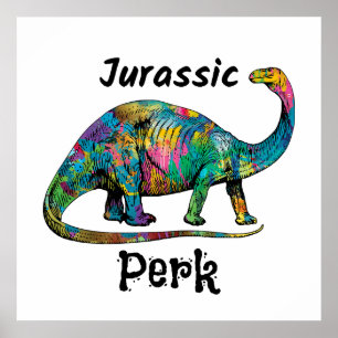 Jurassic Perk Farbiger Dinosaurier Weiß Poster