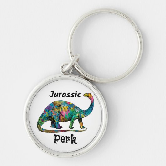 Jurassic Perk Farbiger Dinosaurier Weiß Schlüsselanhänger (Vorne)