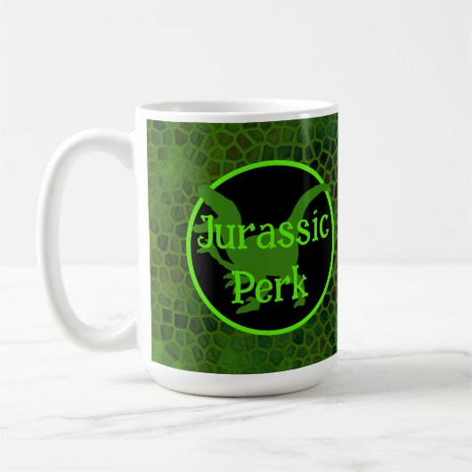 Jurassic Perk Green Dinosaur Hide Kaffeetasse (Links)