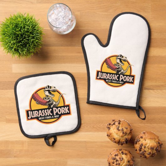 Jurassic Pork – BBQ Humor Ofenhandschuhe Ofenhandschuh & Topflappen-Set (Oben Unten)