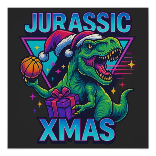Jurassic Xmas T-Rex - Retro 80s Neon Dinosaur Xmas Poster (Vorderseite)