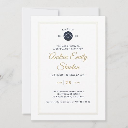 Jurastudium Abschluss Scales of Justice Navy Gold Einladung (Vorderseite)