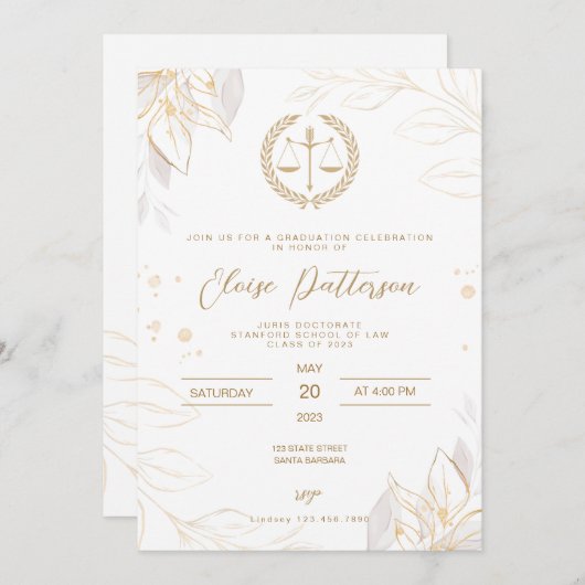 Jurastudium - Einfache Gold- und Weißschulen Einladung (Vorne/Hinten)