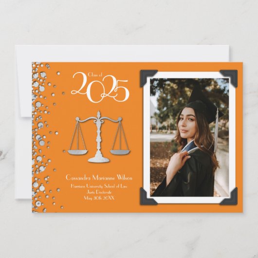 Juristenschule Silberner Abschluss Orange Einladung (Vorderseite)