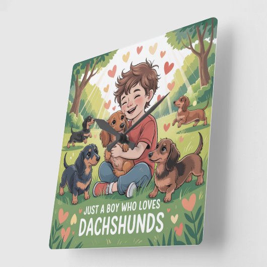 Just A Boy Who Loves Dachshunds Quadratische Wanduhr (Winkel)